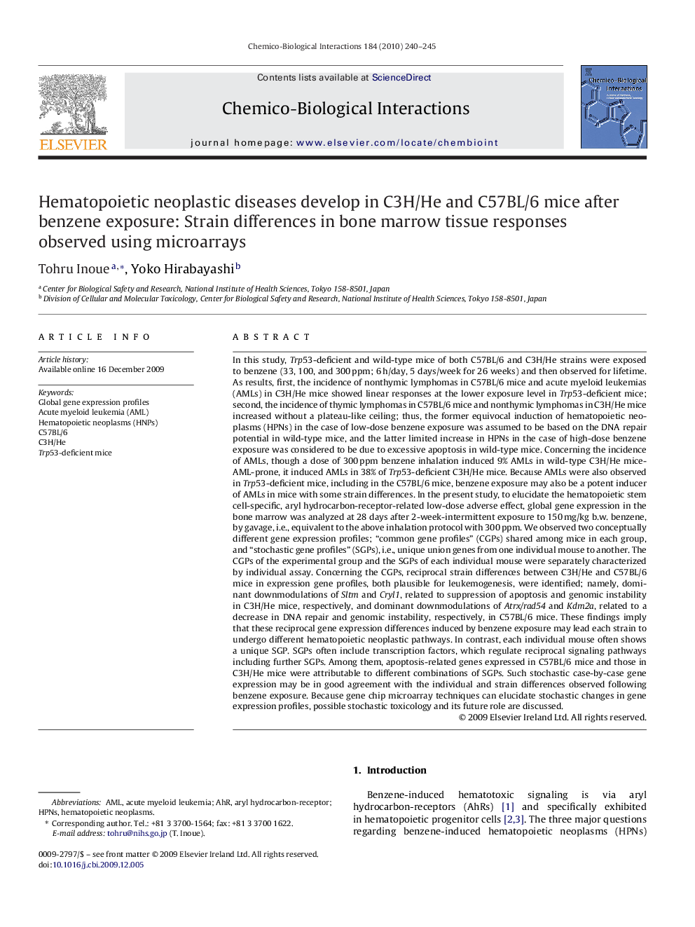 Hematopoietic neoplastic diseases develop in C3H/He and C57BL/6 mice after benzene exposure: Strain differences in bone marrow tissue responses observed using microarrays