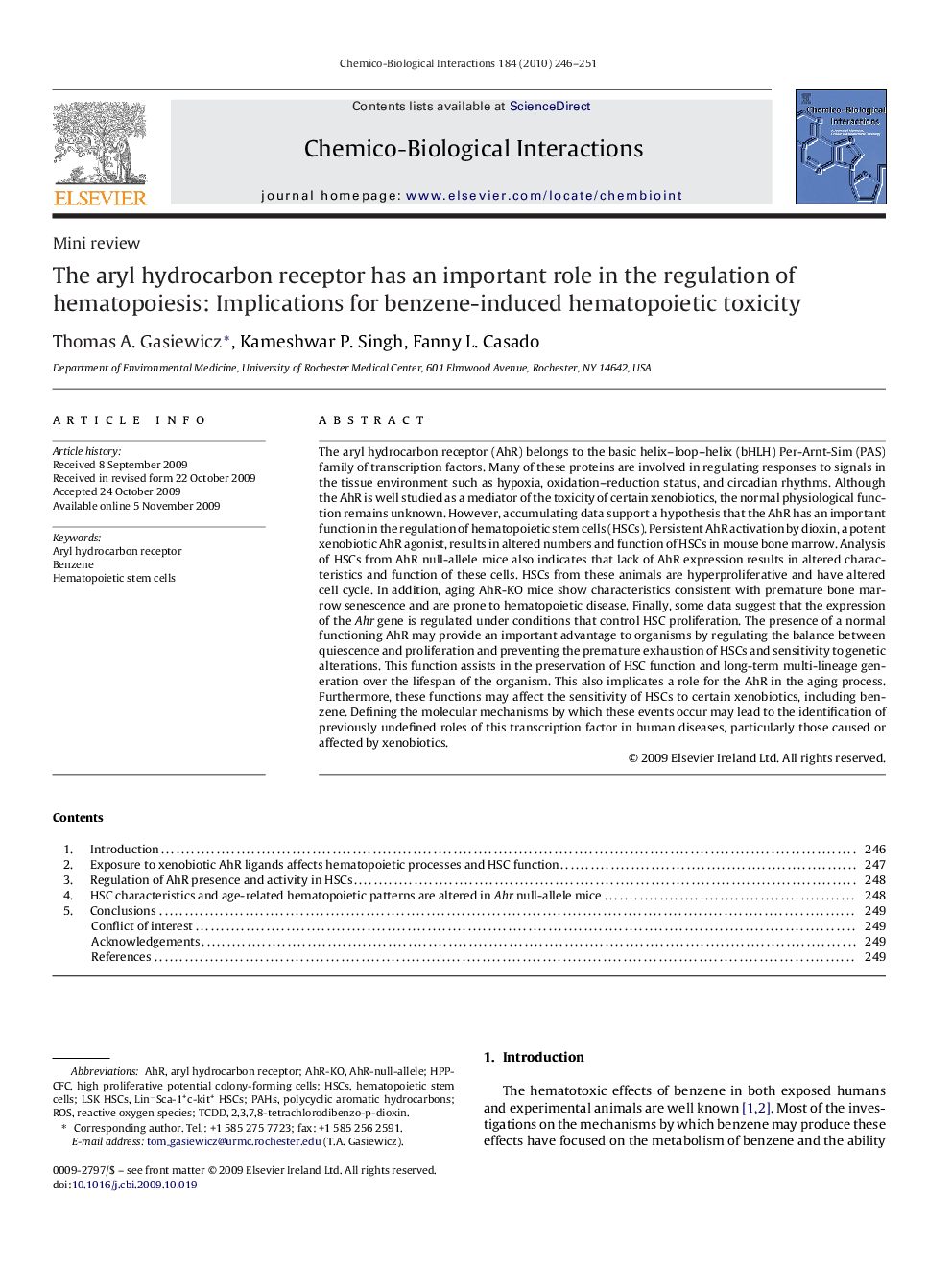 The aryl hydrocarbon receptor has an important role in the regulation of hematopoiesis: Implications for benzene-induced hematopoietic toxicity