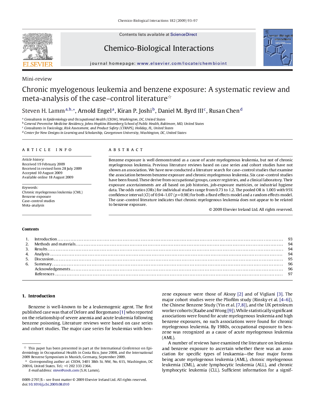 Chronic myelogenous leukemia and benzene exposure: A systematic review and meta-analysis of the case-control literature