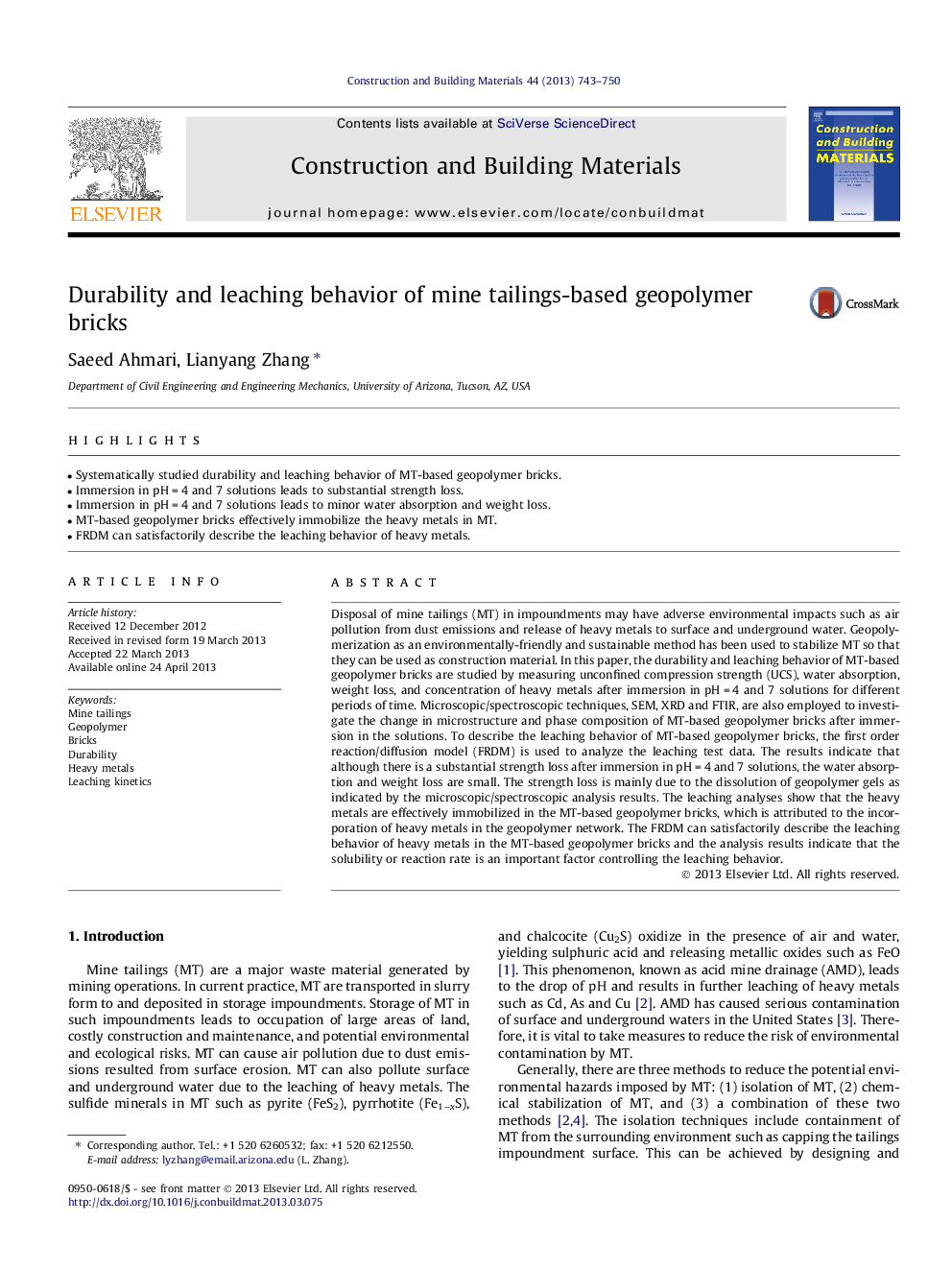 Durability and leaching behavior of mine tailings-based geopolymer bricks