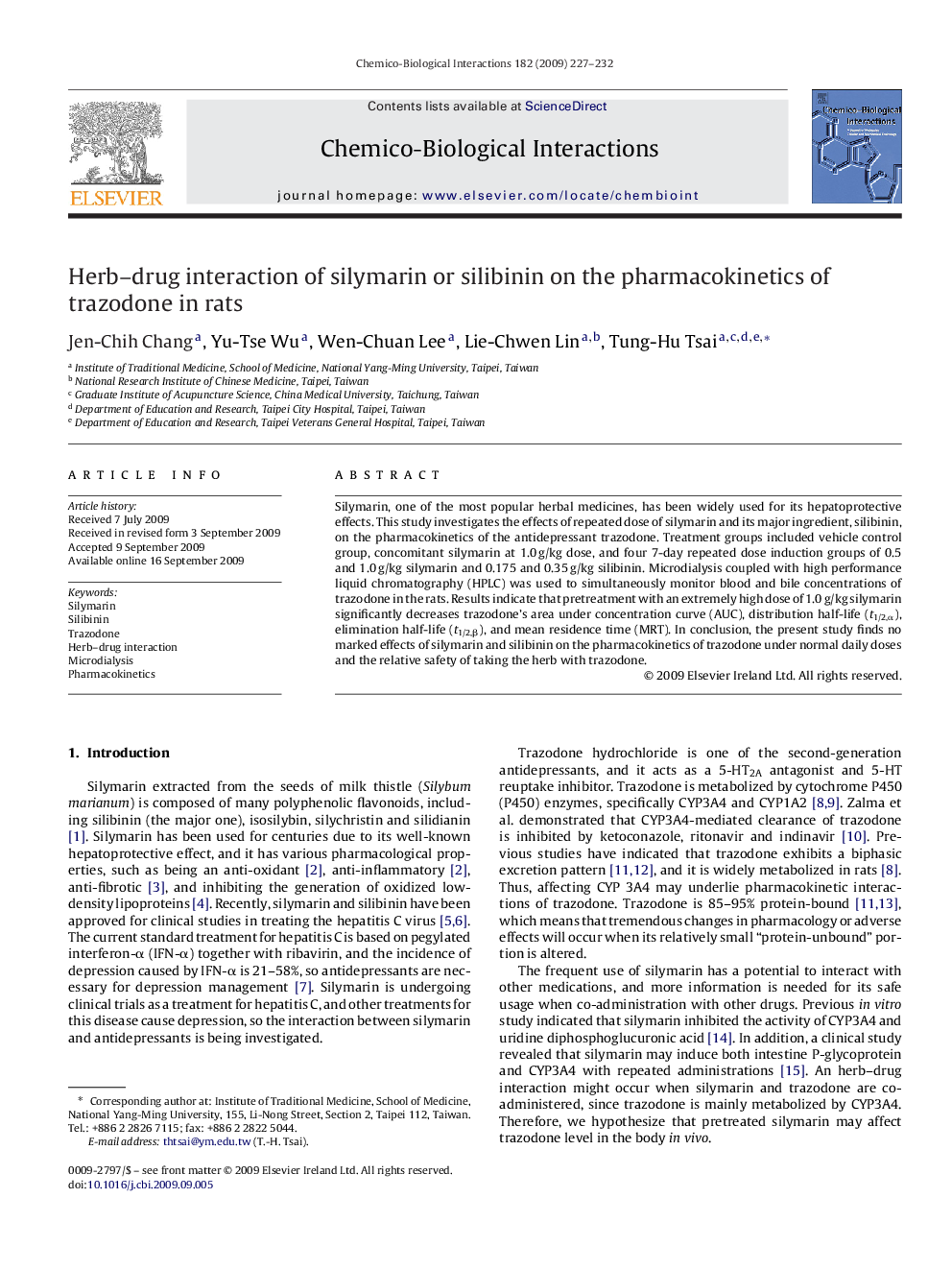 Herb–drug interaction of silymarin or silibinin on the pharmacokinetics of trazodone in rats