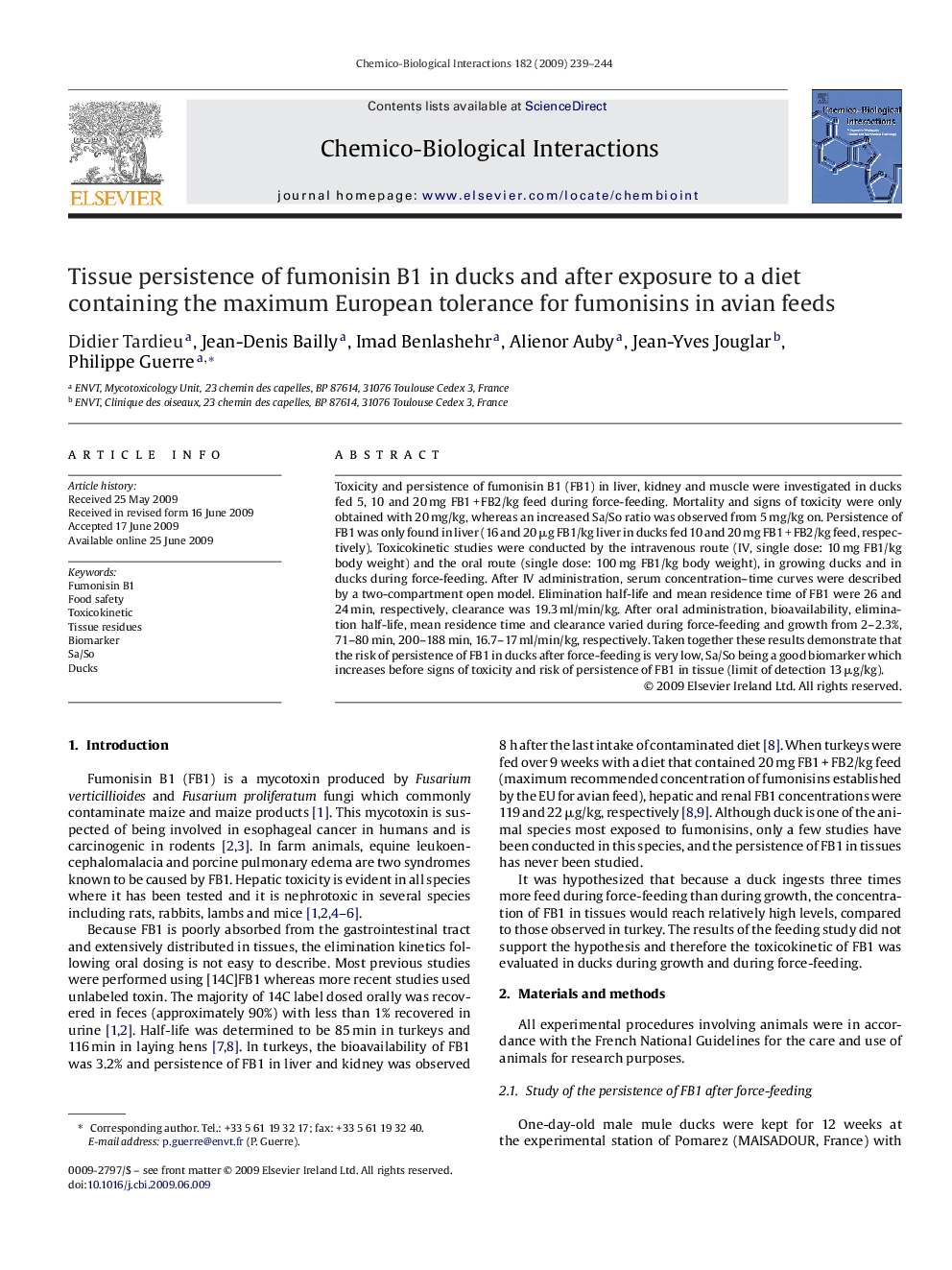 Tissue persistence of fumonisin B1 in ducks and after exposure to a diet containing the maximum European tolerance for fumonisins in avian feeds