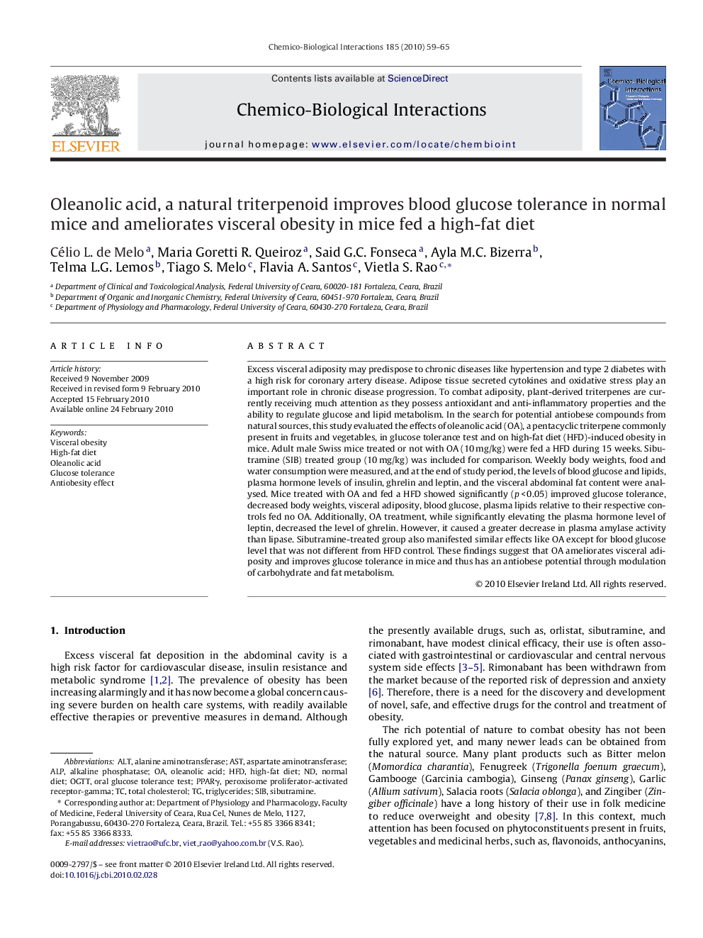 Oleanolic acid, a natural triterpenoid improves blood glucose tolerance in normal mice and ameliorates visceral obesity in mice fed a high-fat diet