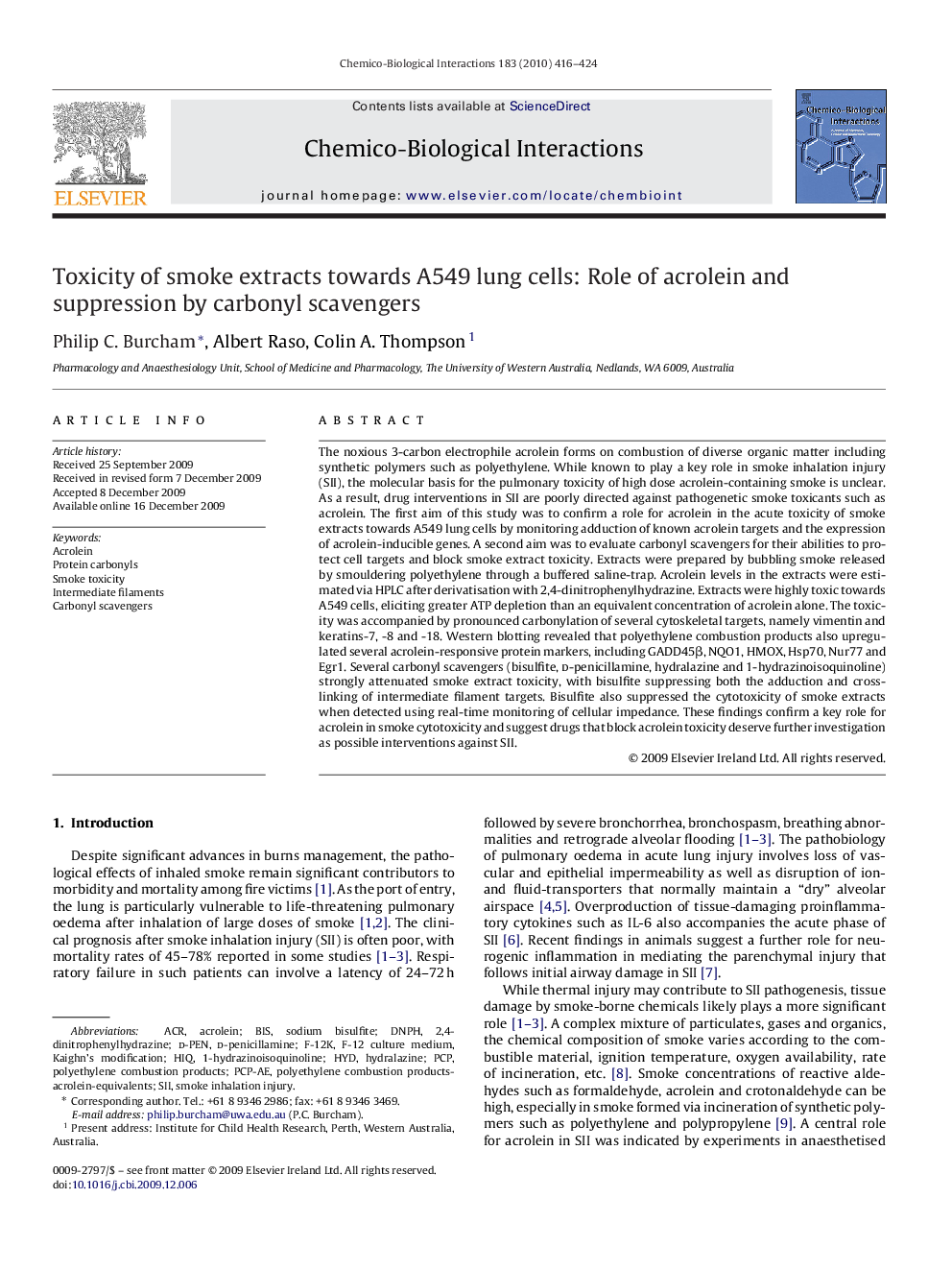 Toxicity of smoke extracts towards A549 lung cells: Role of acrolein and suppression by carbonyl scavengers