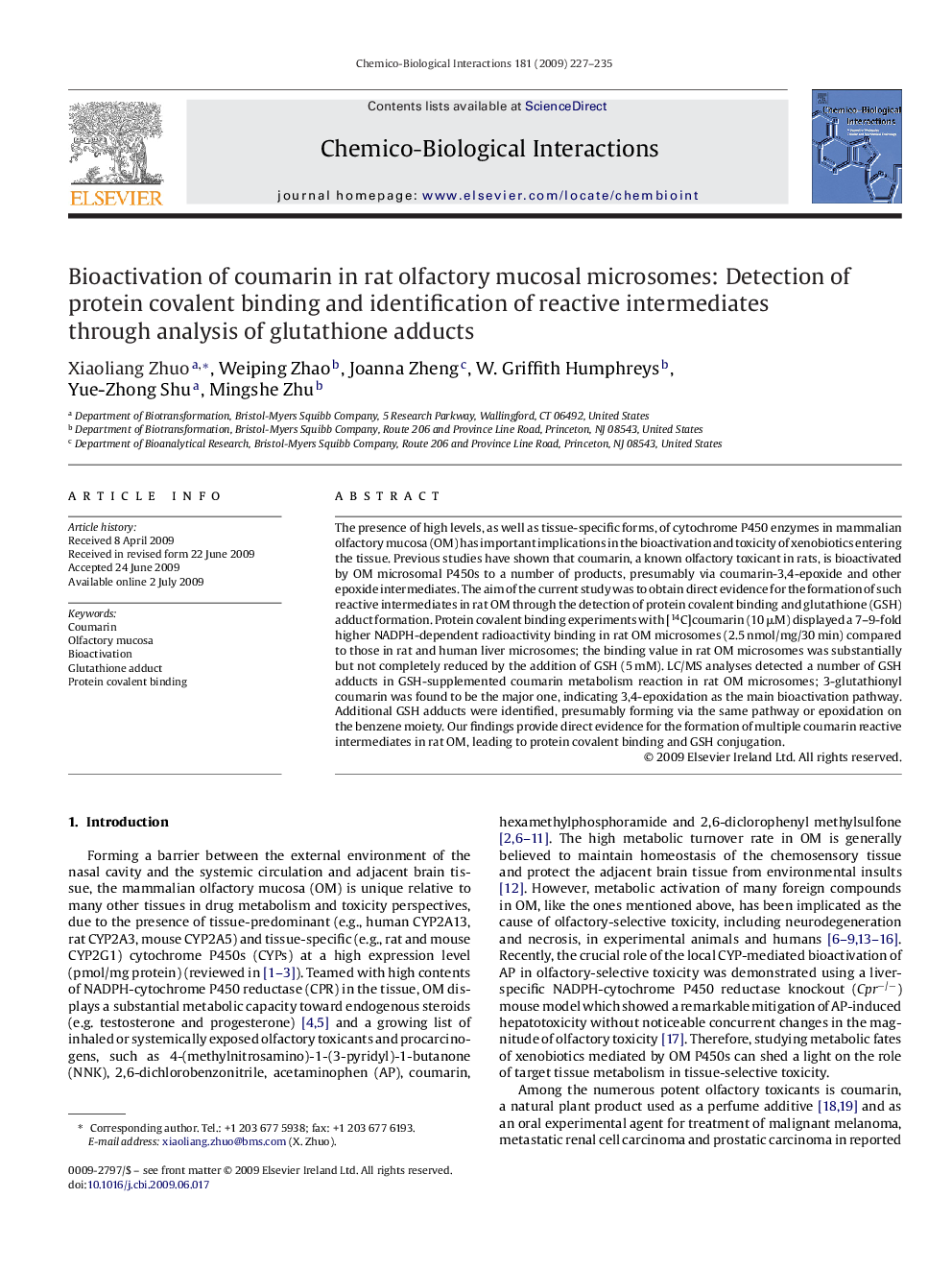 Bioactivation of coumarin in rat olfactory mucosal microsomes: Detection of protein covalent binding and identification of reactive intermediates through analysis of glutathione adducts