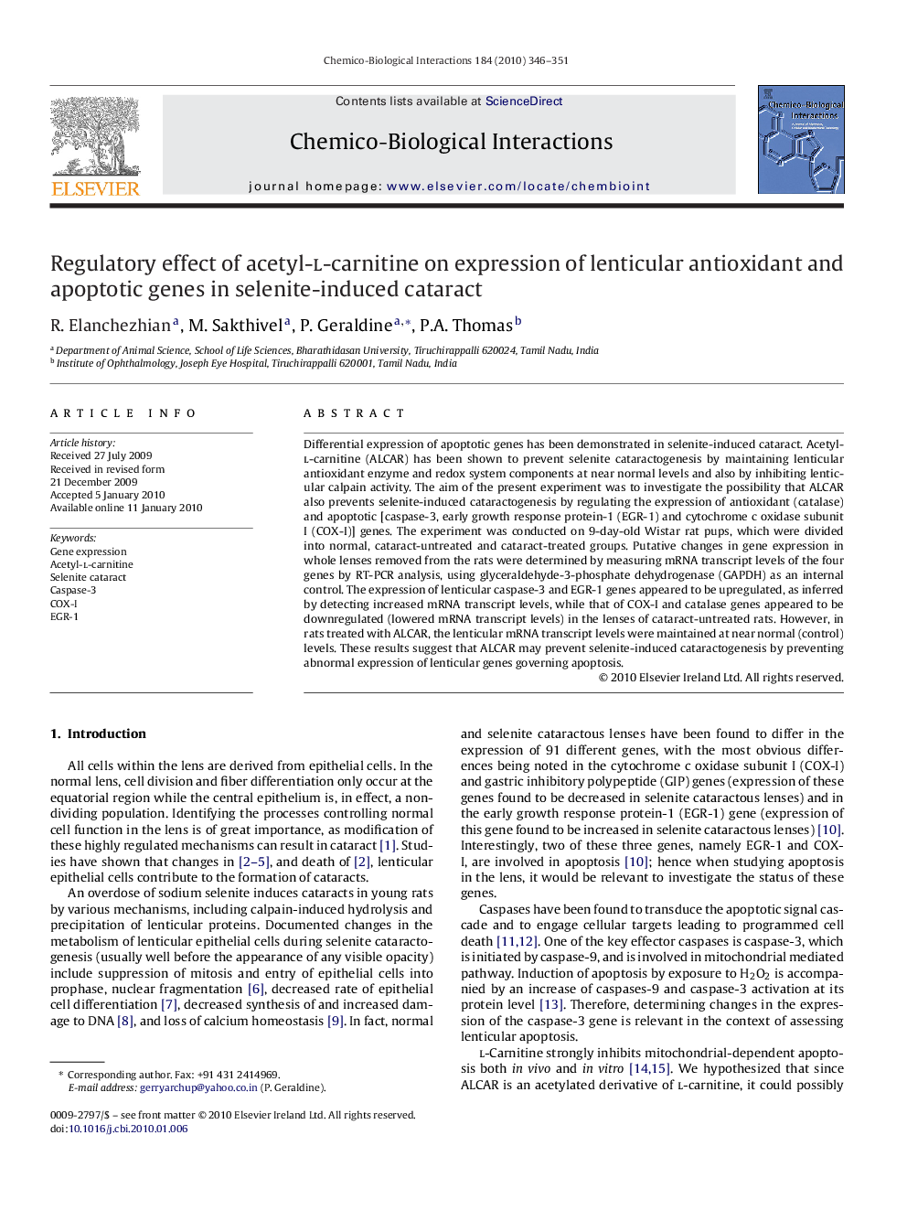 Regulatory effect of acetyl-l-carnitine on expression of lenticular antioxidant and apoptotic genes in selenite-induced cataract