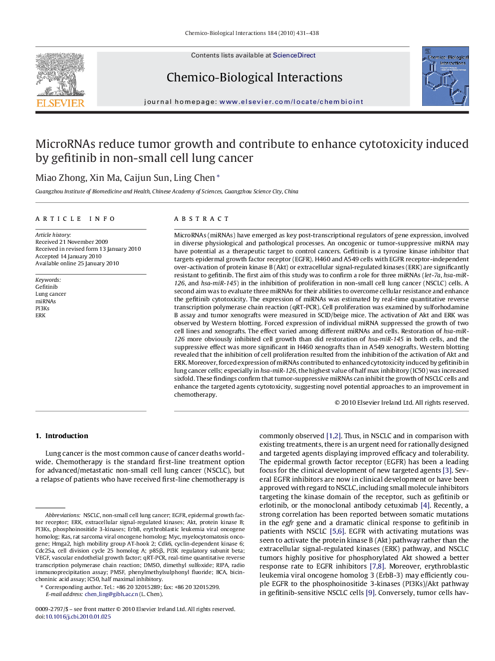 MicroRNAs reduce tumor growth and contribute to enhance cytotoxicity induced by gefitinib in non-small cell lung cancer