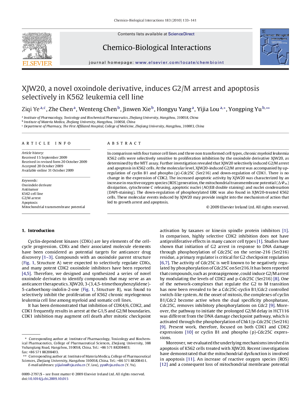 XJW20, a novel oxoindole derivative, induces G2/M arrest and apoptosis selectively in K562 leukemia cell line