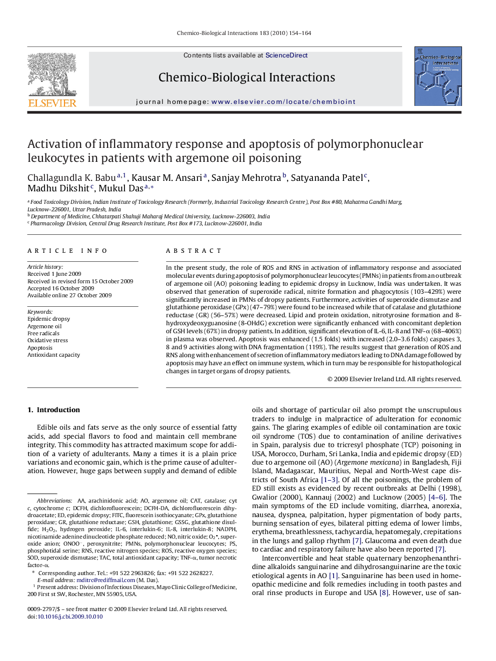 Activation of inflammatory response and apoptosis of polymorphonuclear leukocytes in patients with argemone oil poisoning