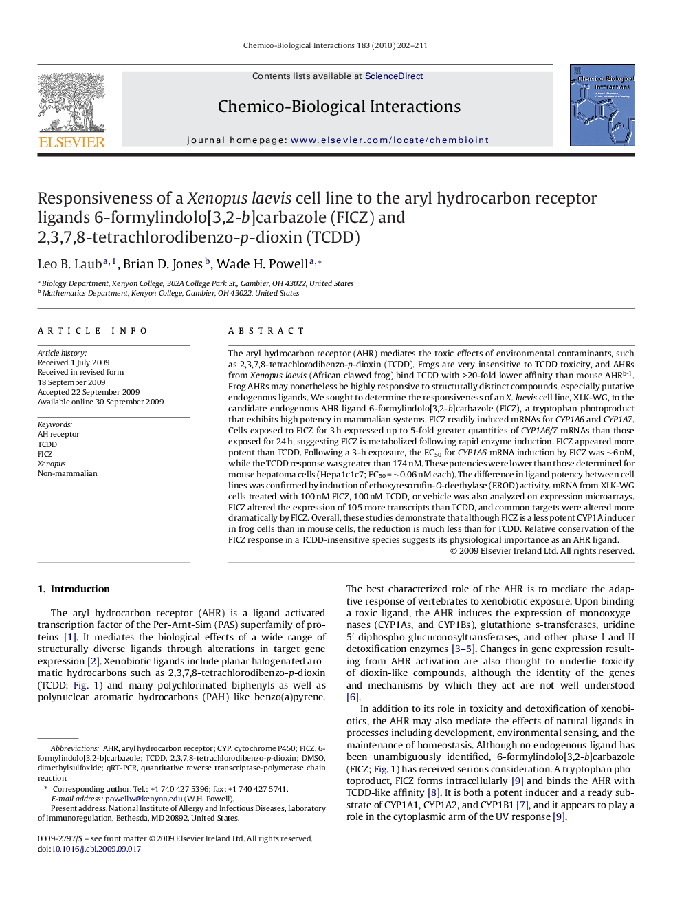 Responsiveness of a Xenopus laevis cell line to the aryl hydrocarbon receptor ligands 6-formylindolo[3,2-b]carbazole (FICZ) and 2,3,7,8-tetrachlorodibenzo-p-dioxin (TCDD)