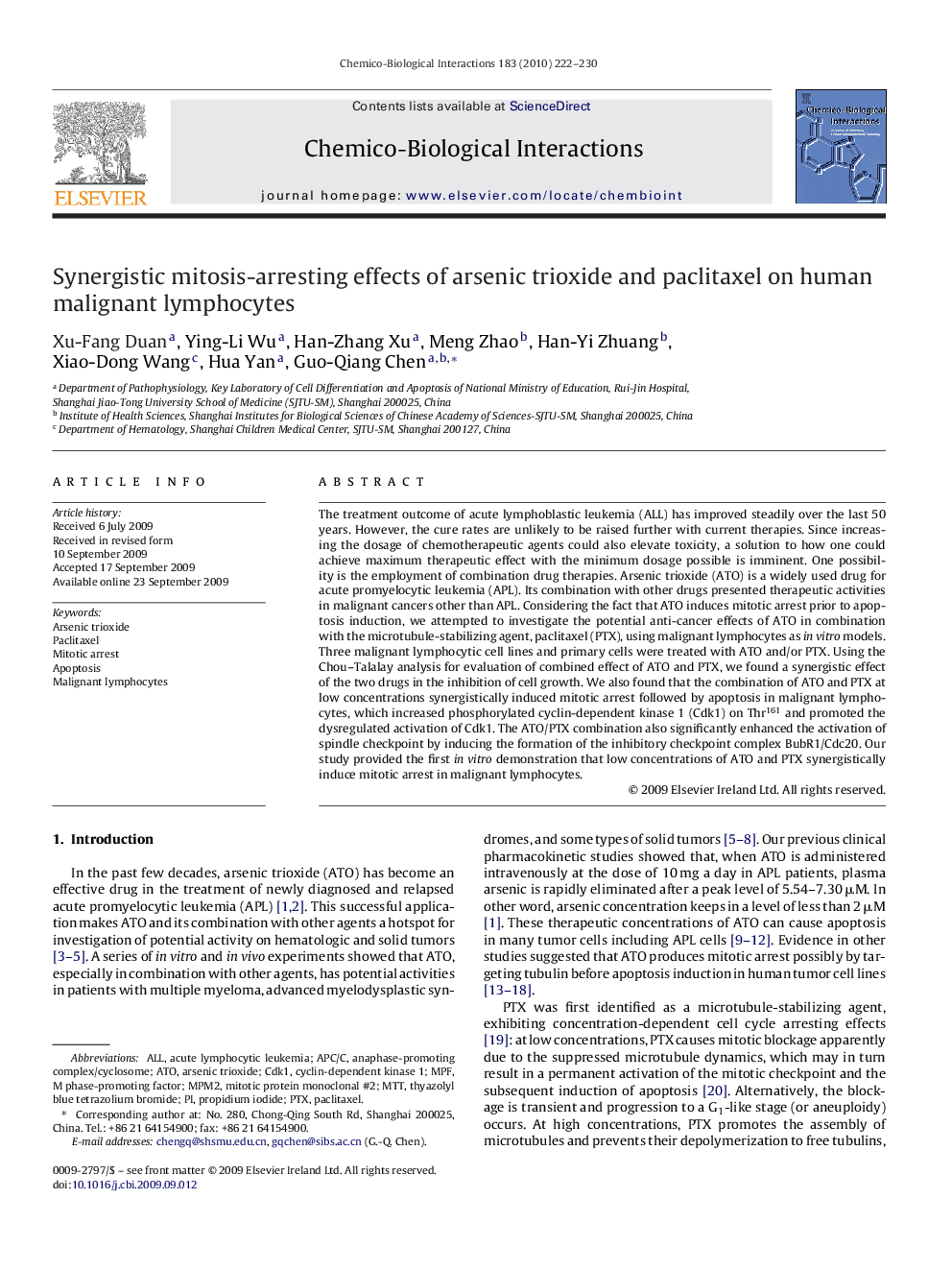 Synergistic mitosis-arresting effects of arsenic trioxide and paclitaxel on human malignant lymphocytes