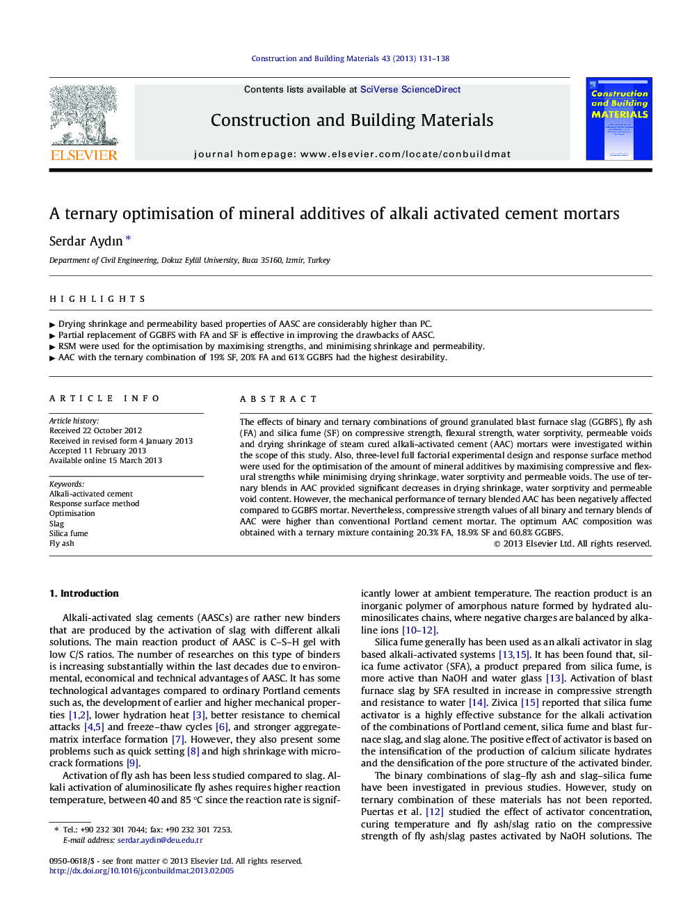 A ternary optimisation of mineral additives of alkali activated cement mortars