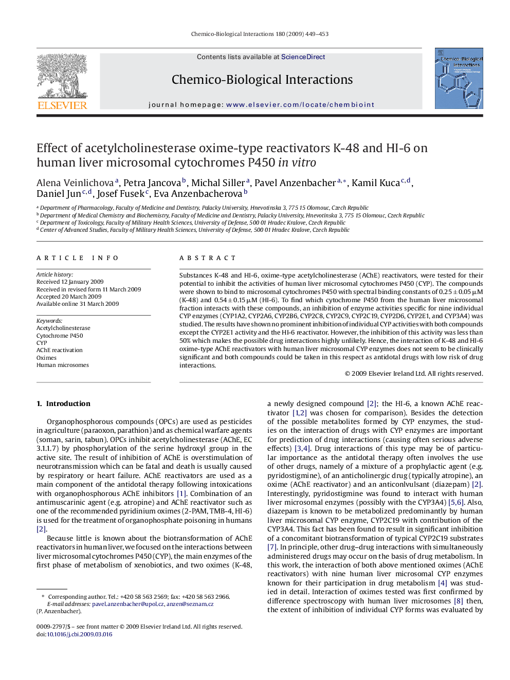 Effect of acetylcholinesterase oxime-type reactivators K-48 and HI-6 on human liver microsomal cytochromes P450 invitro