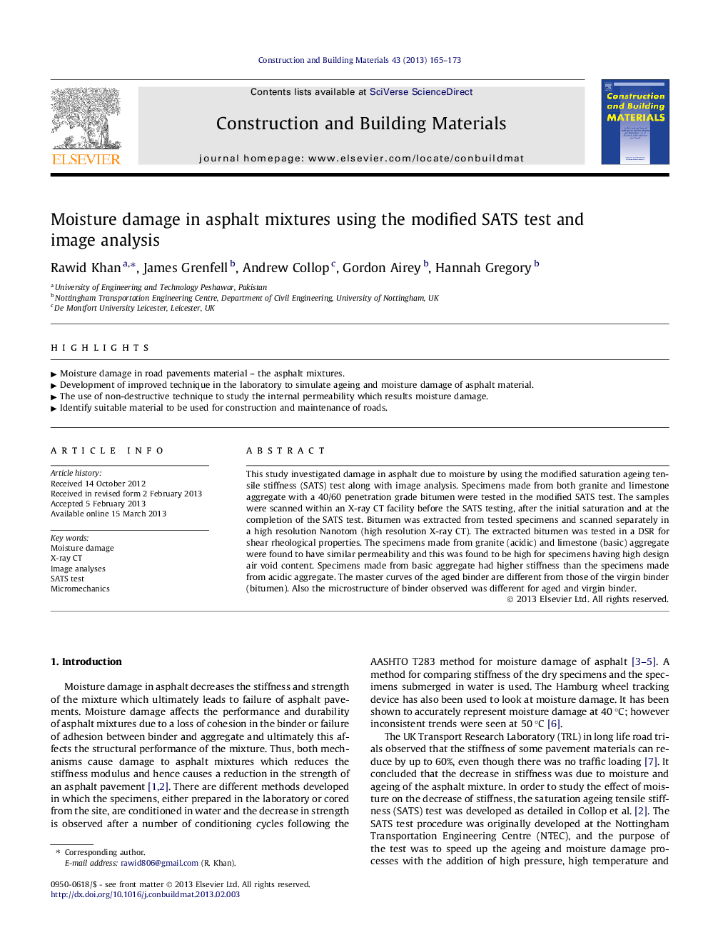 Moisture damage in asphalt mixtures using the modified SATS test and image analysis