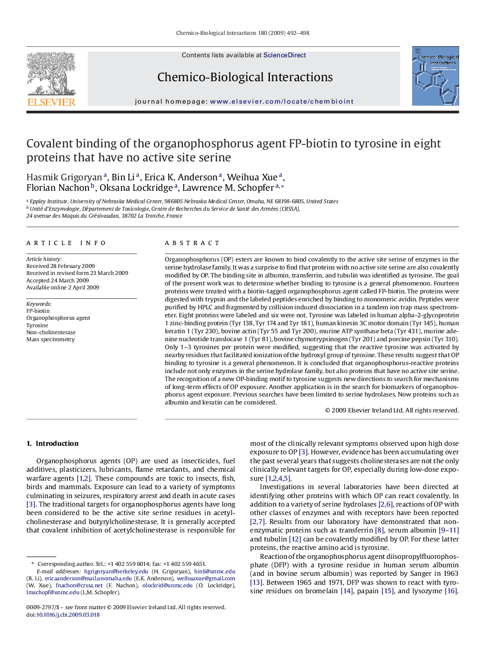 Covalent binding of the organophosphorus agent FP-biotin to tyrosine in eight proteins that have no active site serine