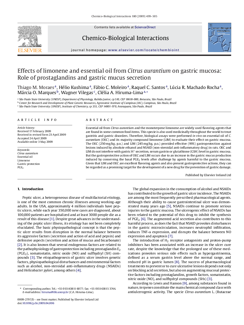 Effects of limonene and essential oil from Citrus aurantium on gastric mucosa: Role of prostaglandins and gastric mucus secretion