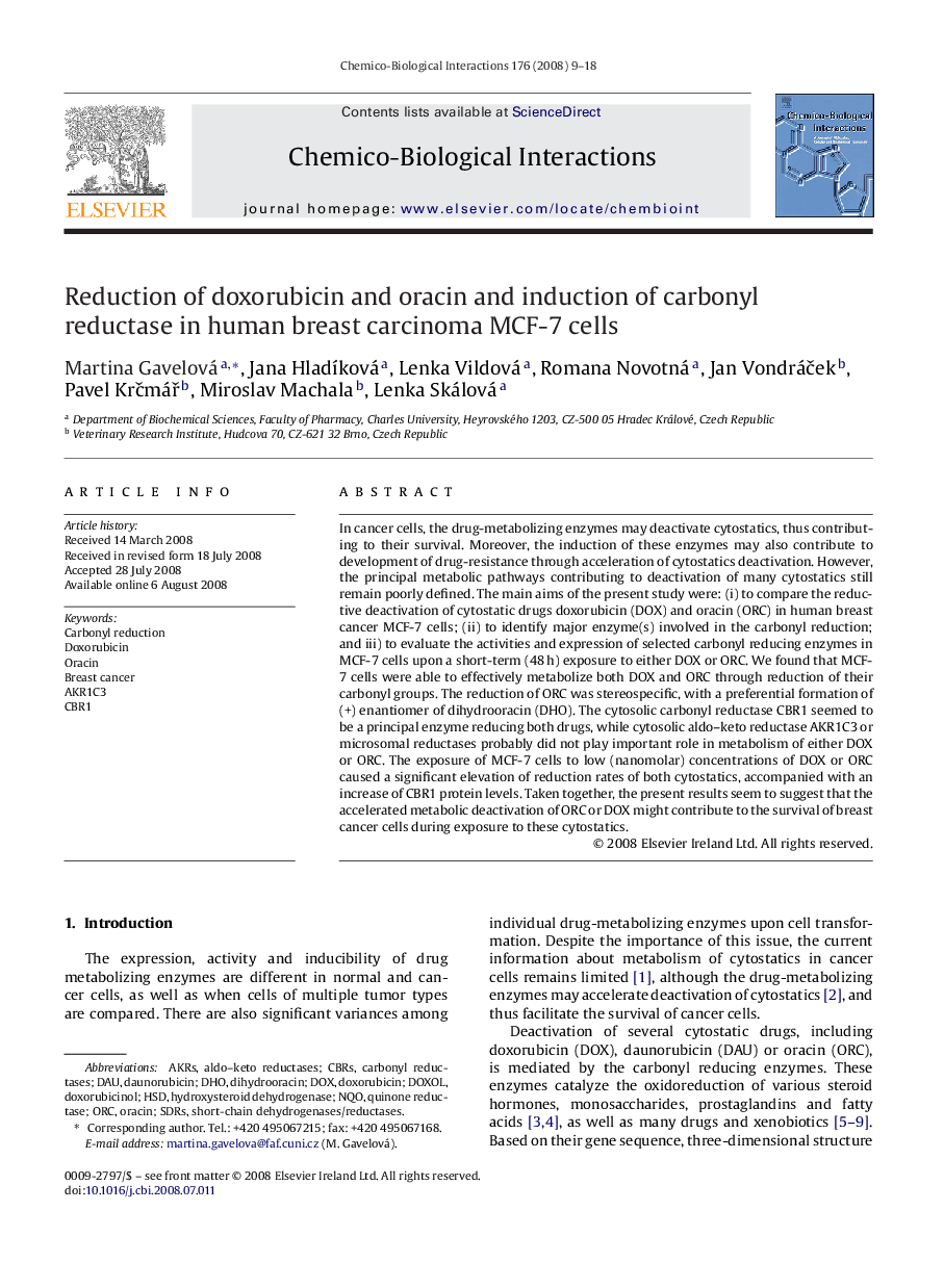 Reduction of doxorubicin and oracin and induction of carbonyl reductase in human breast carcinoma MCF-7 cells