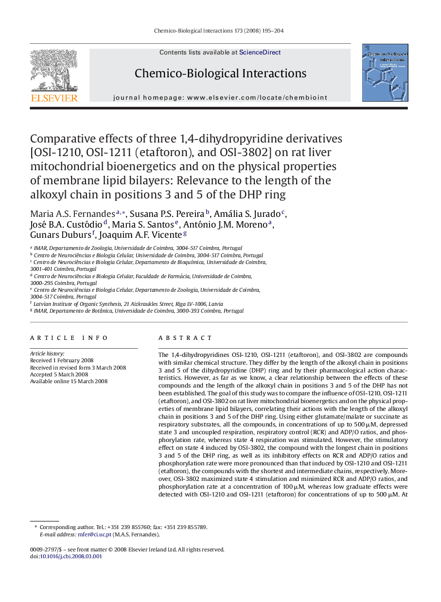 Comparative effects of three 1,4-dihydropyridine derivatives [OSI-1210, OSI-1211 (etaftoron), and OSI-3802] on rat liver mitochondrial bioenergetics and on the physical properties of membrane lipid bilayers: Relevance to the length of the alkoxyl chain in