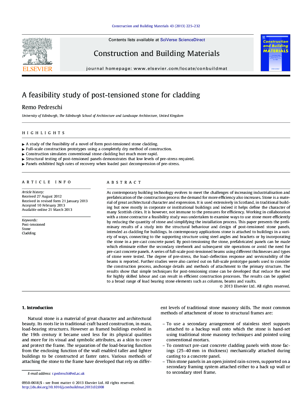 A feasibility study of post-tensioned stone for cladding