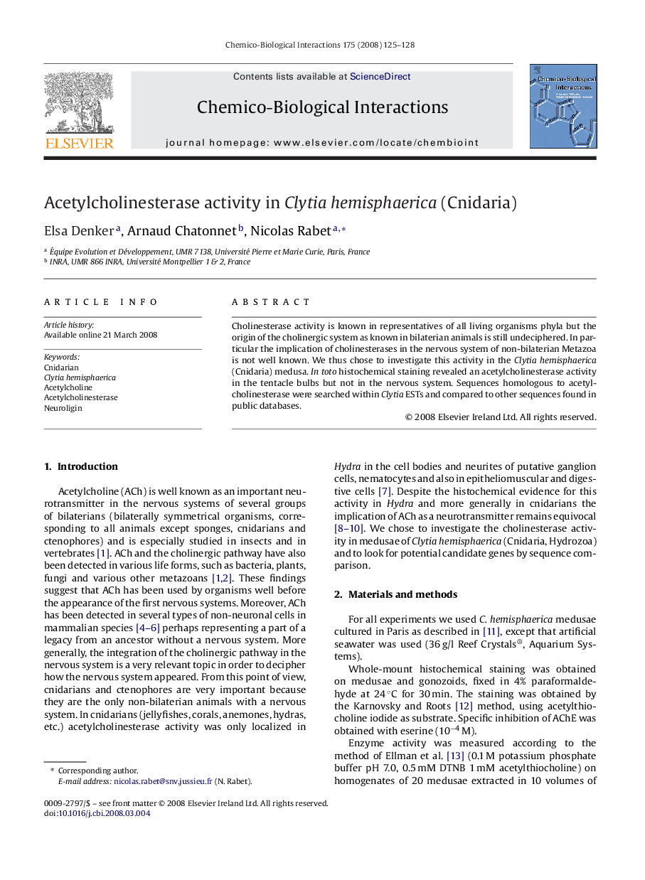 Acetylcholinesterase activity in Clytia hemisphaerica (Cnidaria)