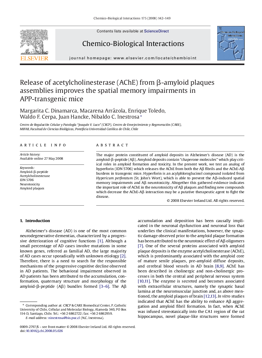 Release of acetylcholinesterase (AChE) from β-amyloid plaques assemblies improves the spatial memory impairments in APP-transgenic mice