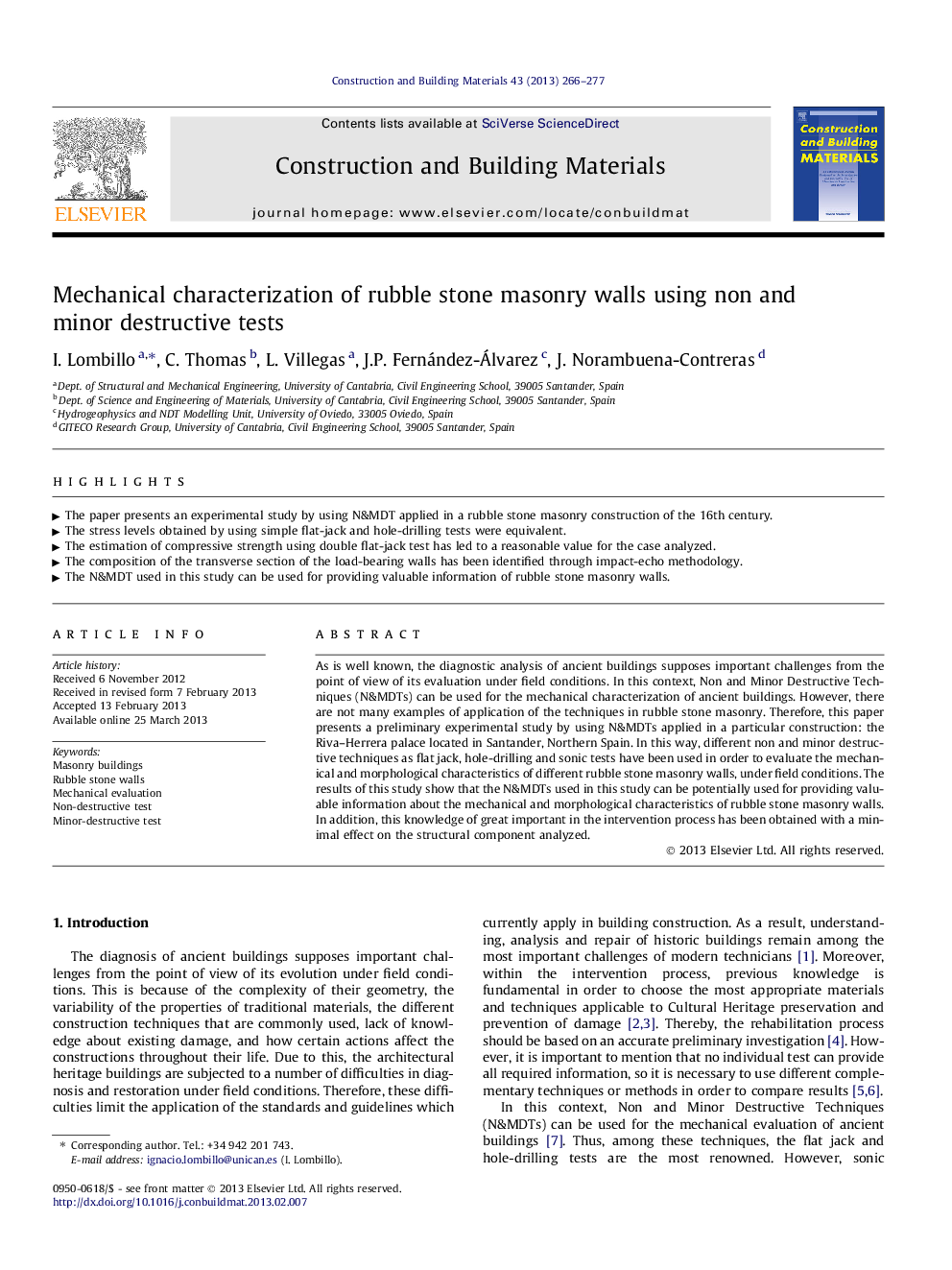 Mechanical characterization of rubble stone masonry walls using non and minor destructive tests