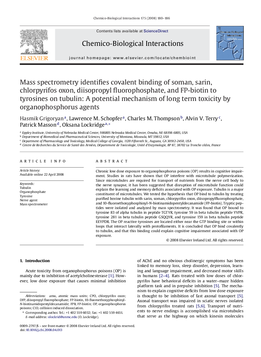 Mass spectrometry identifies covalent binding of soman, sarin, chlorpyrifos oxon, diisopropyl fluorophosphate, and FP-biotin to tyrosines on tubulin: A potential mechanism of long term toxicity by organophosphorus agents