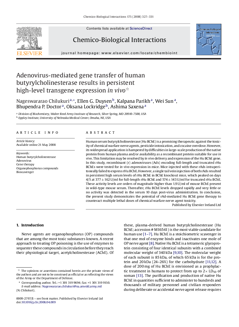 Adenovirus-mediated gene transfer of human butyrylcholinesterase results in persistent high-level transgene expression in vivo