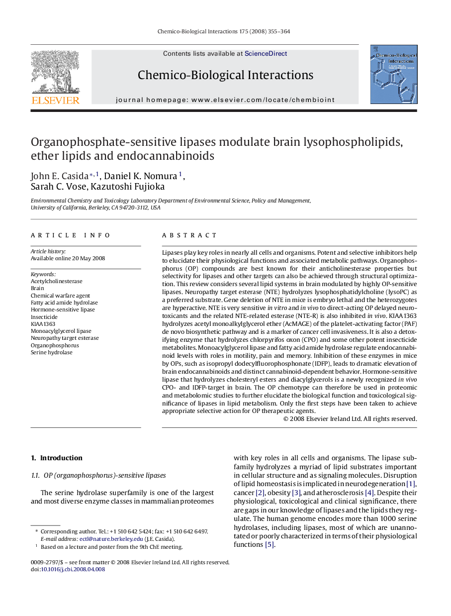 Organophosphate-sensitive lipases modulate brain lysophospholipids, ether lipids and endocannabinoids