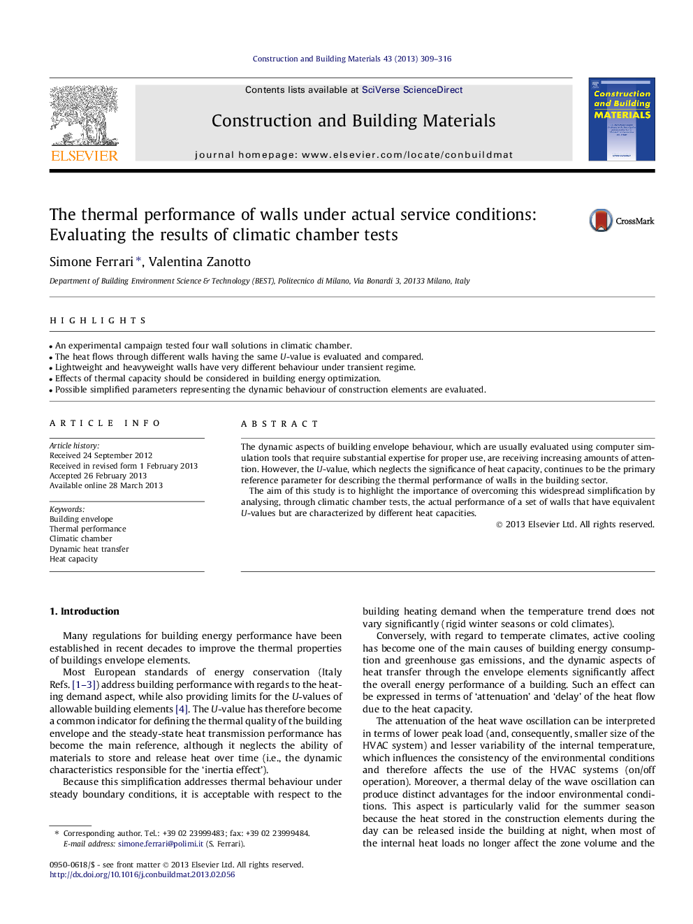 The thermal performance of walls under actual service conditions: Evaluating the results of climatic chamber tests