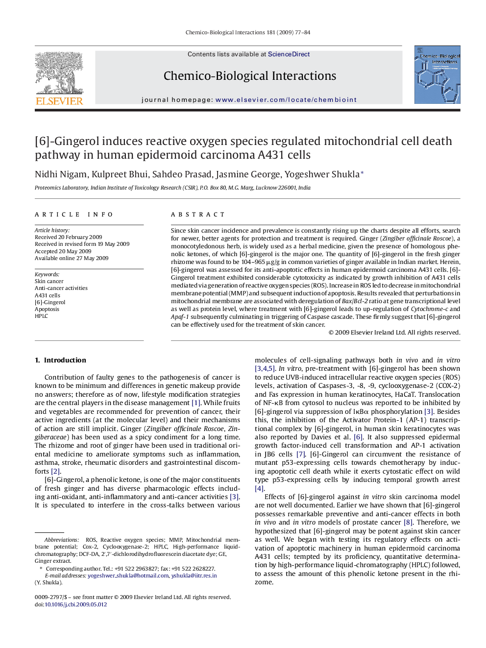 [6]-Gingerol induces reactive oxygen species regulated mitochondrial cell death pathway in human epidermoid carcinoma A431 cells