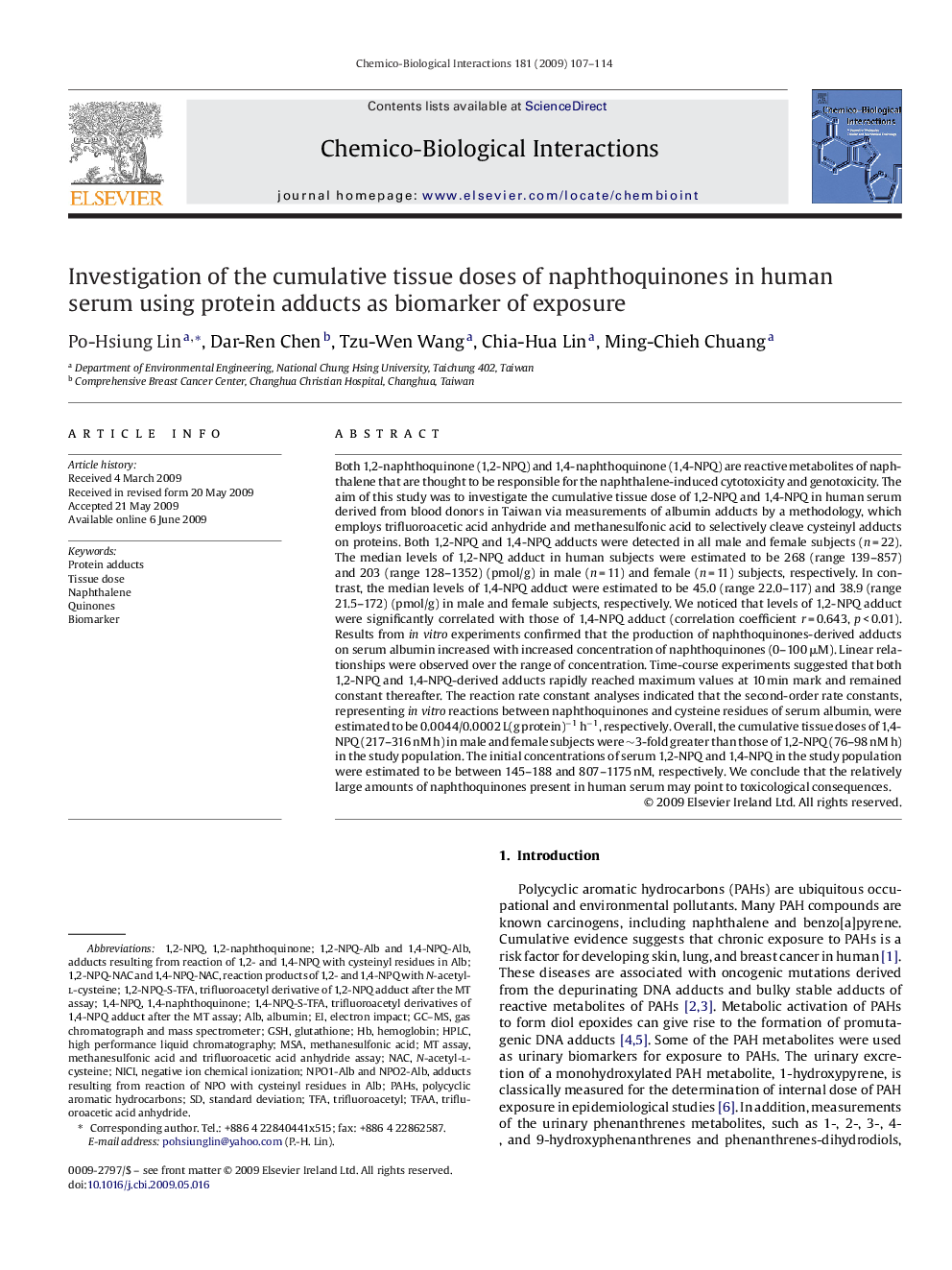 Investigation of the cumulative tissue doses of naphthoquinones in human serum using protein adducts as biomarker of exposure