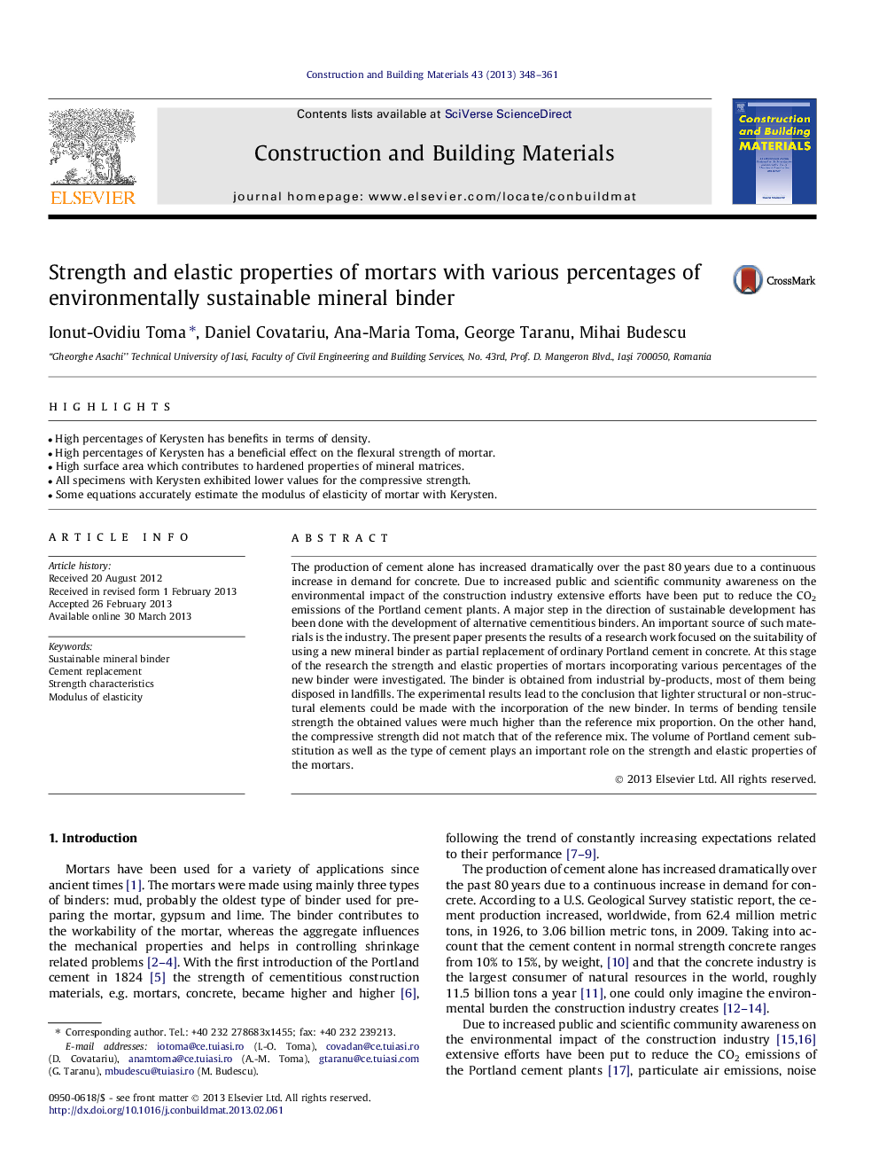 Strength and elastic properties of mortars with various percentages of environmentally sustainable mineral binder