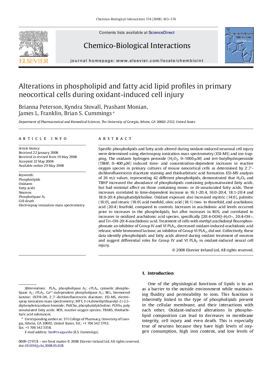 Alterations in phospholipid and fatty acid lipid profiles in primary neocortical cells during oxidant-induced cell injury