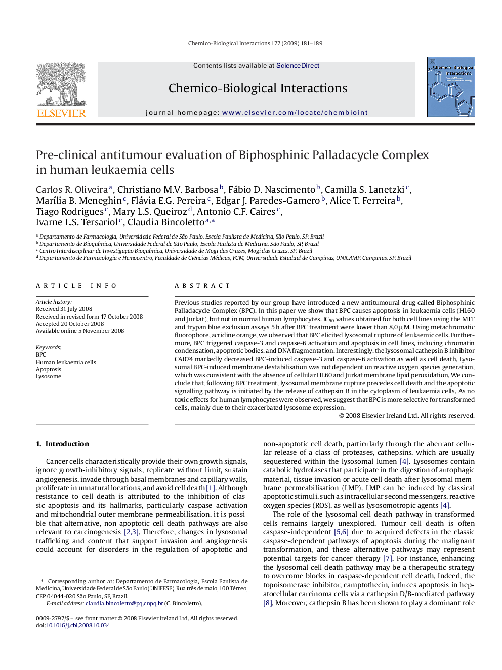 Pre-clinical antitumour evaluation of Biphosphinic Palladacycle Complex in human leukaemia cells