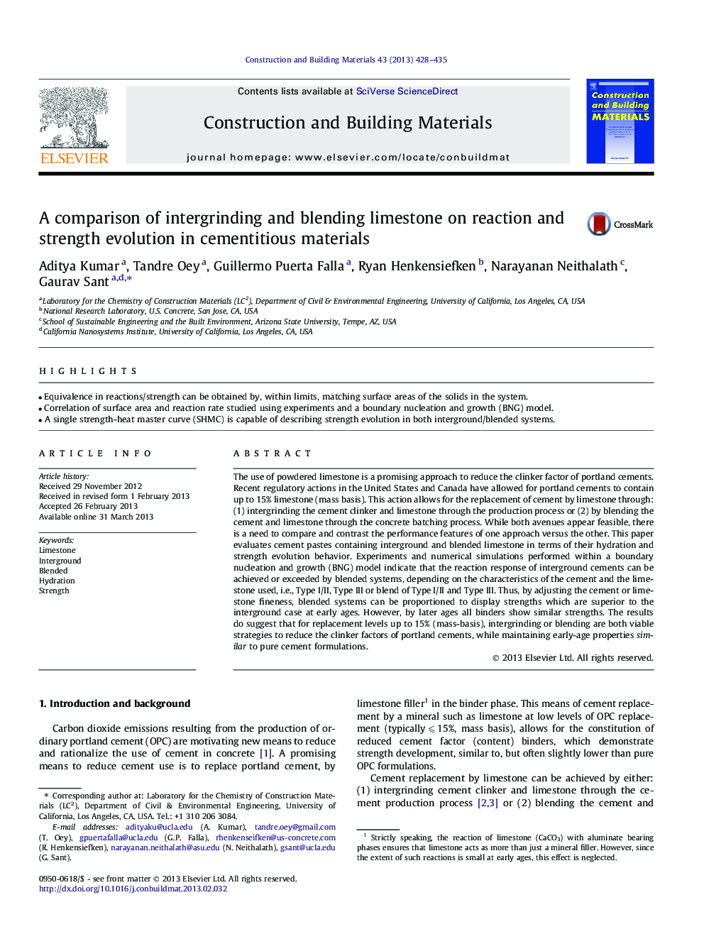 A comparison of intergrinding and blending limestone on reaction and strength evolution in cementitious materials
