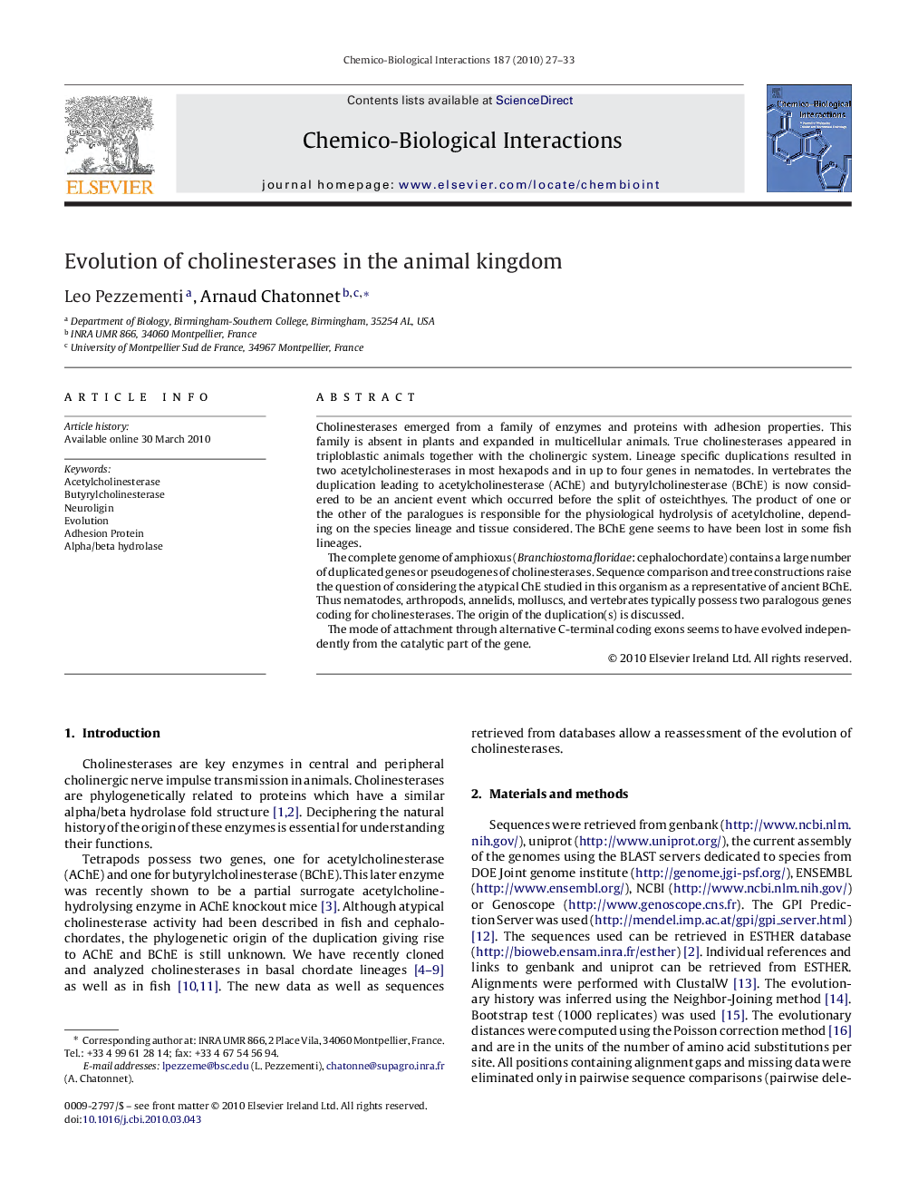 Evolution of cholinesterases in the animal kingdom