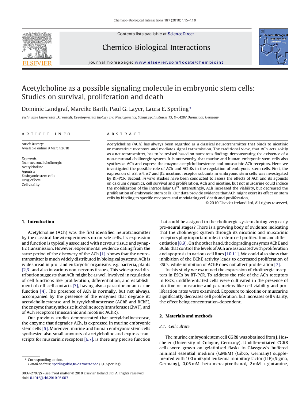 Acetylcholine as a possible signaling molecule in embryonic stem cells: Studies on survival, proliferation and death