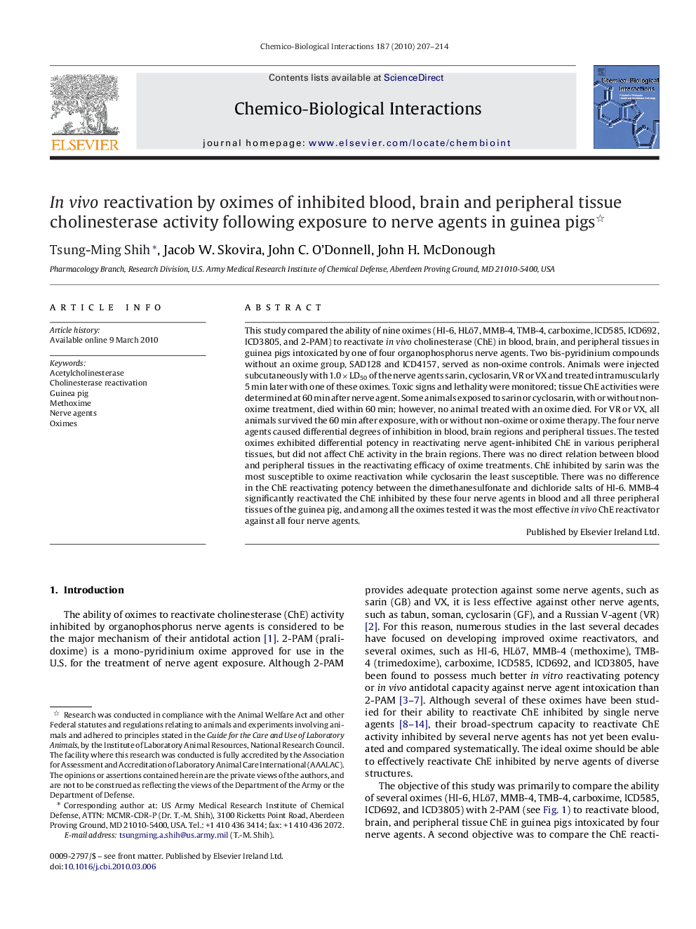 In vivo reactivation by oximes of inhibited blood, brain and peripheral tissue cholinesterase activity following exposure to nerve agents in guinea pigs 