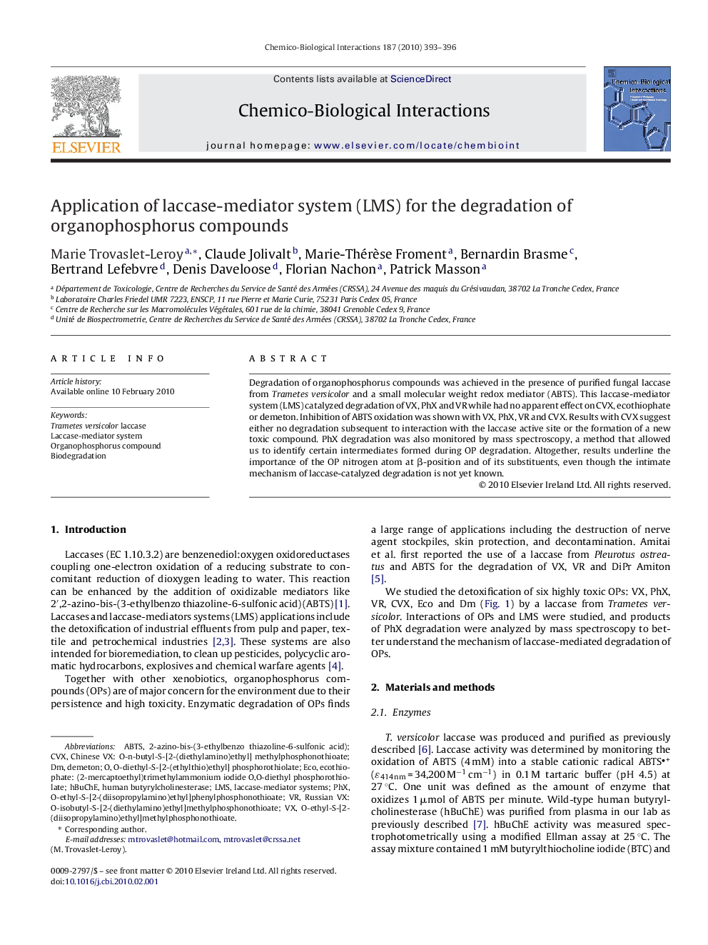 Application of laccase-mediator system (LMS) for the degradation of organophosphorus compounds