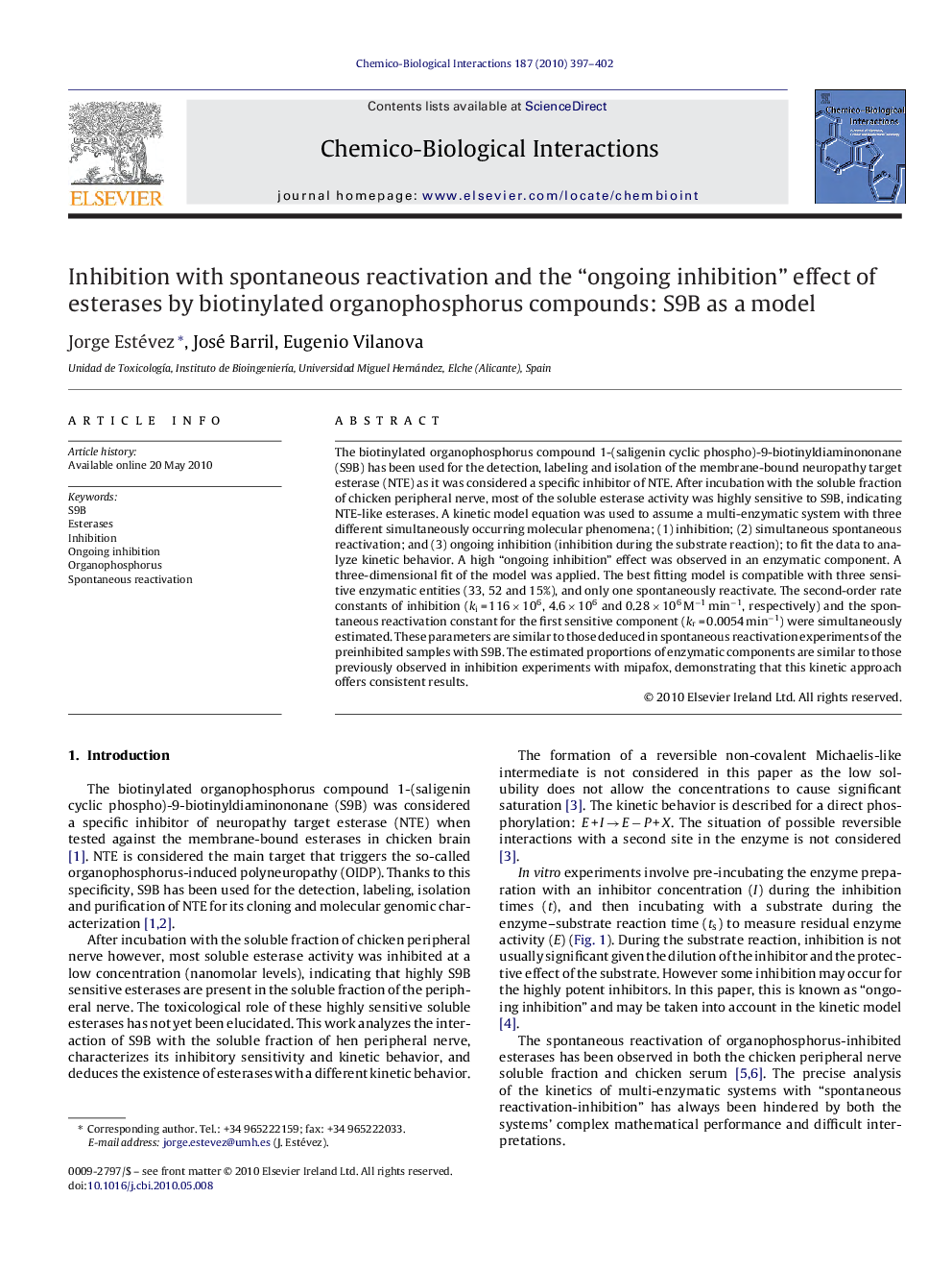 Inhibition with spontaneous reactivation and the “ongoing inhibition” effect of esterases by biotinylated organophosphorus compounds: S9B as a model