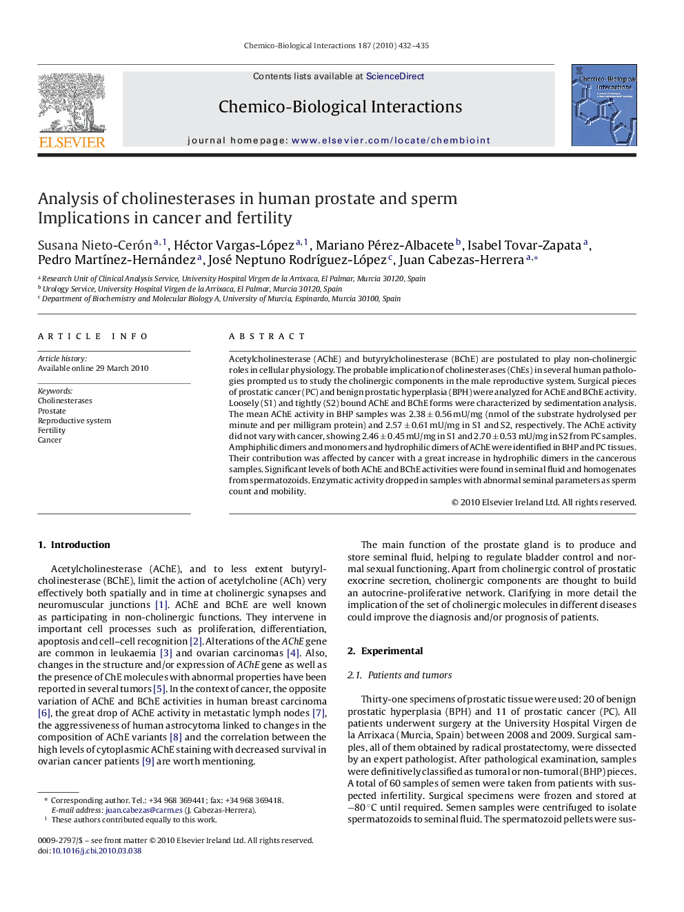 Analysis of cholinesterases in human prostate and sperm: Implications in cancer and fertility