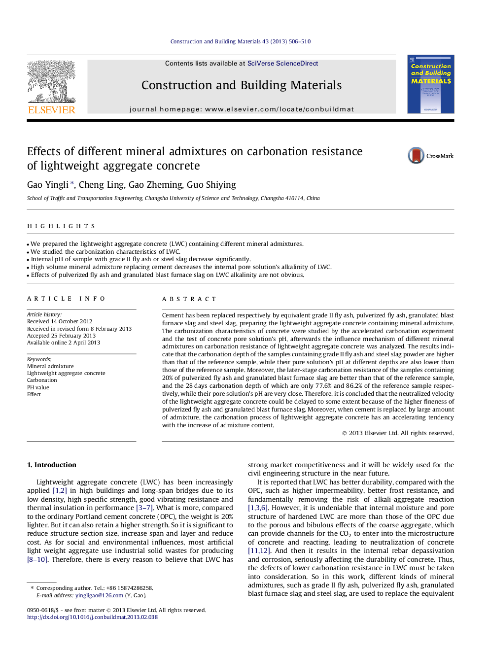 Effects of different mineral admixtures on carbonation resistance of lightweight aggregate concrete