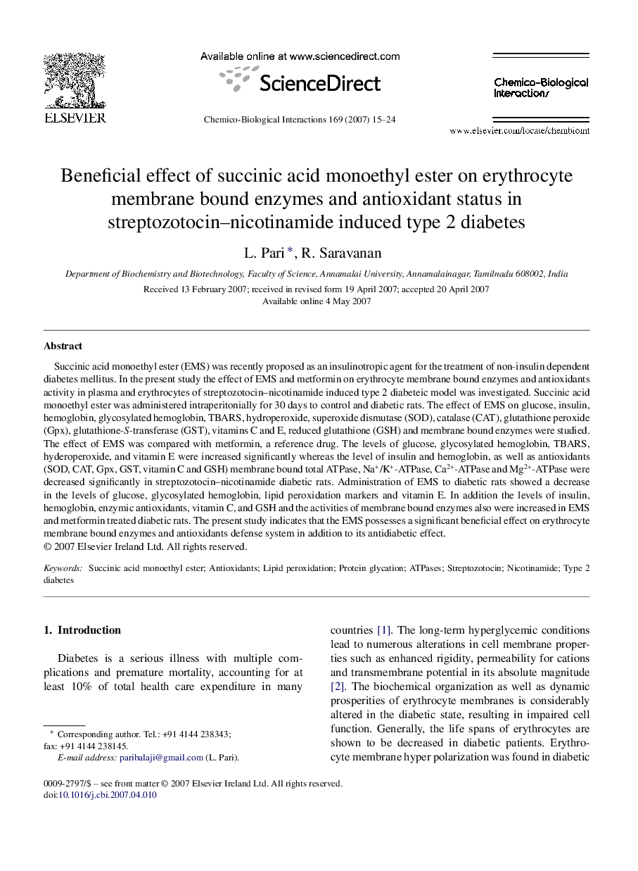 Beneficial effect of succinic acid monoethyl ester on erythrocyte membrane bound enzymes and antioxidant status in streptozotocin–nicotinamide induced type 2 diabetes