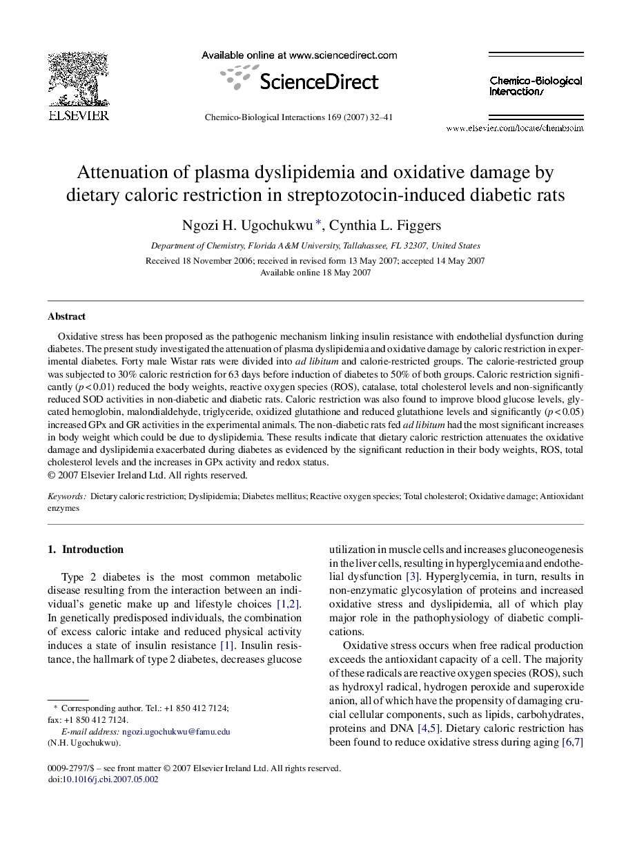 Attenuation of plasma dyslipidemia and oxidative damage by dietary caloric restriction in streptozotocin-induced diabetic rats