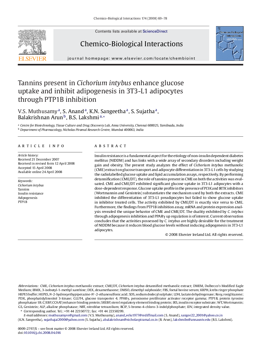 Tannins present in Cichorium intybus enhance glucose uptake and inhibit adipogenesis in 3T3-L1 adipocytes through PTP1B inhibition