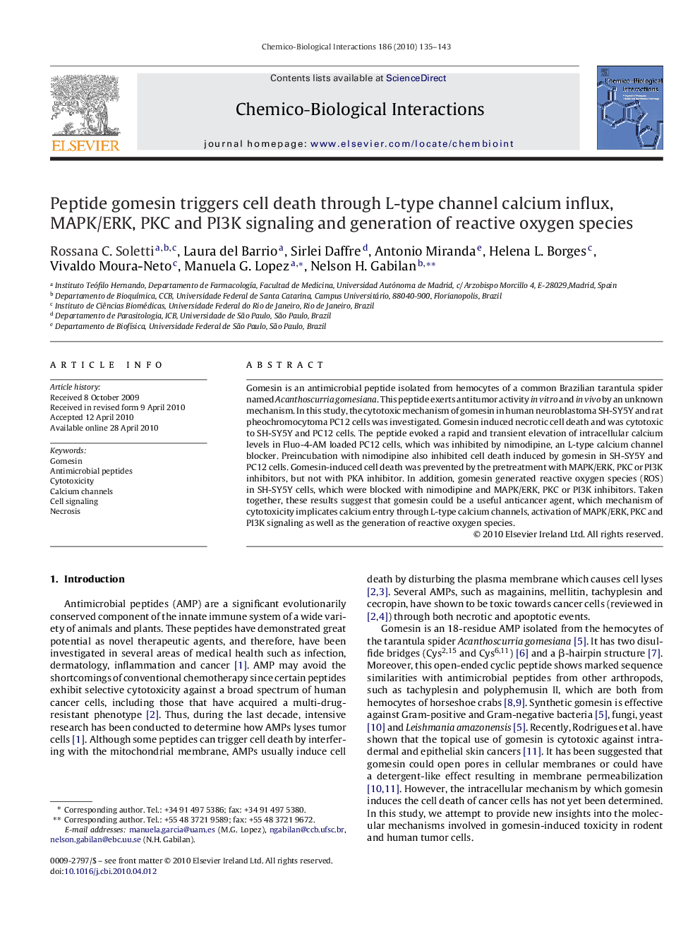 Peptide gomesin triggers cell death through L-type channel calcium influx, MAPK/ERK, PKC and PI3K signaling and generation of reactive oxygen species