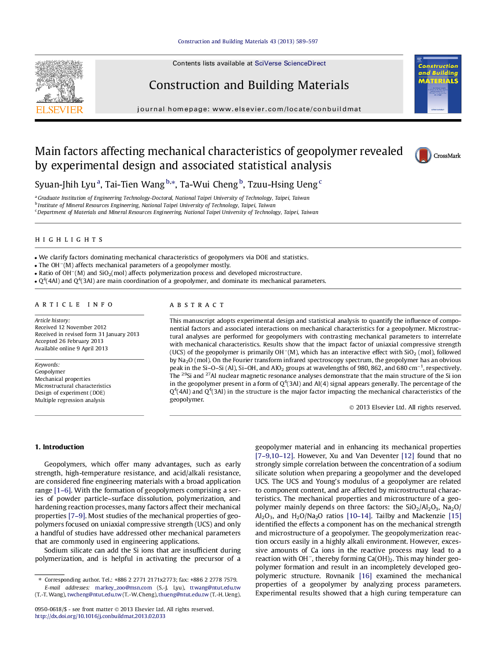 Main factors affecting mechanical characteristics of geopolymer revealed by experimental design and associated statistical analysis