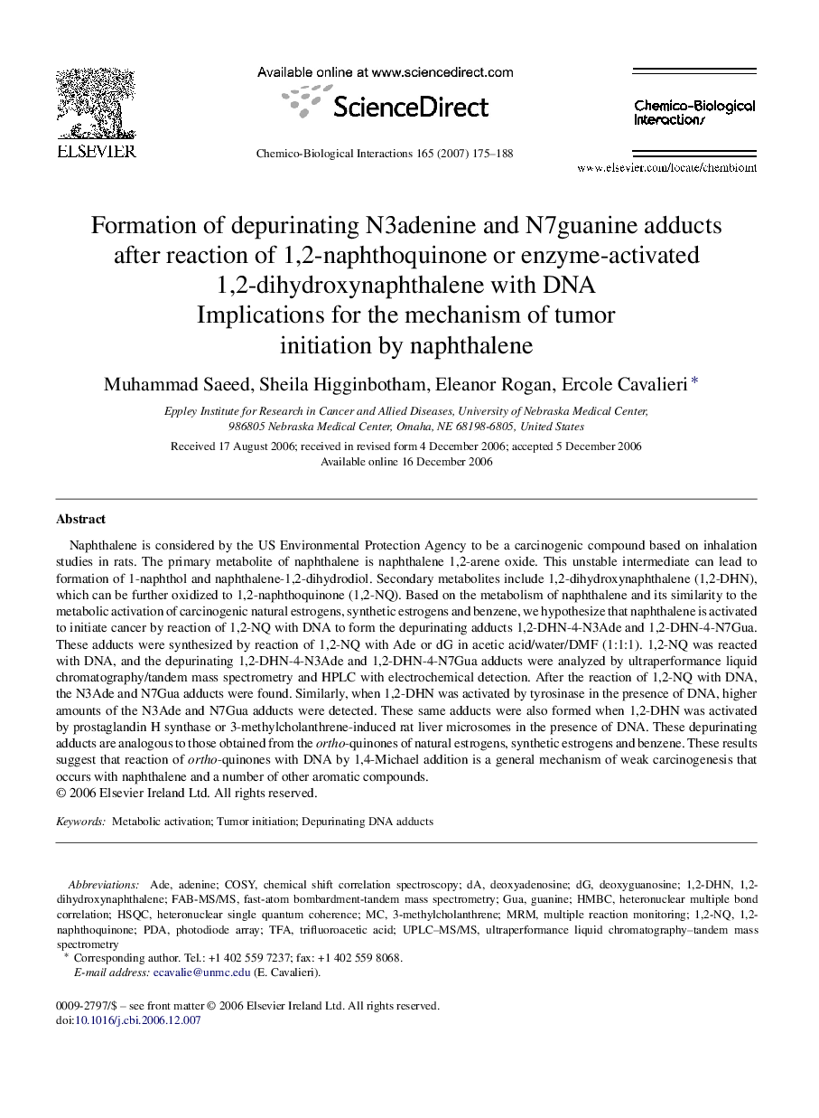 Formation of depurinating N3adenine and N7guanine adducts after reaction of 1,2-naphthoquinone or enzyme-activated 1,2-dihydroxynaphthalene with DNA: Implications for the mechanism of tumor initiation by naphthalene