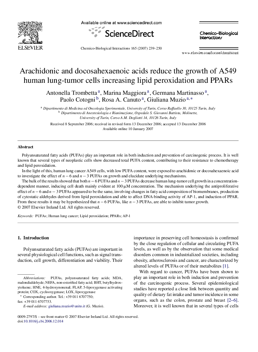 Arachidonic and docosahexaenoic acids reduce the growth of A549 human lung-tumor cells increasing lipid peroxidation and PPARs